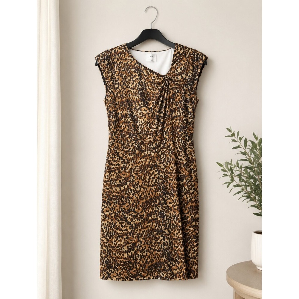 Brown Leopard Print Asymmetrical Pleated Sheath‎ Dress Size M